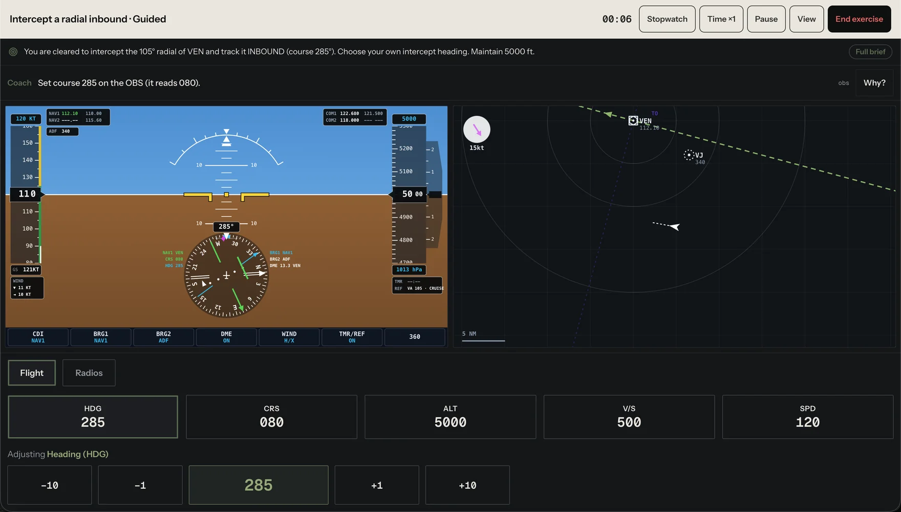 An intercept exercise in the VOLAR IFR trainer, showing the primary flight display and the plan view