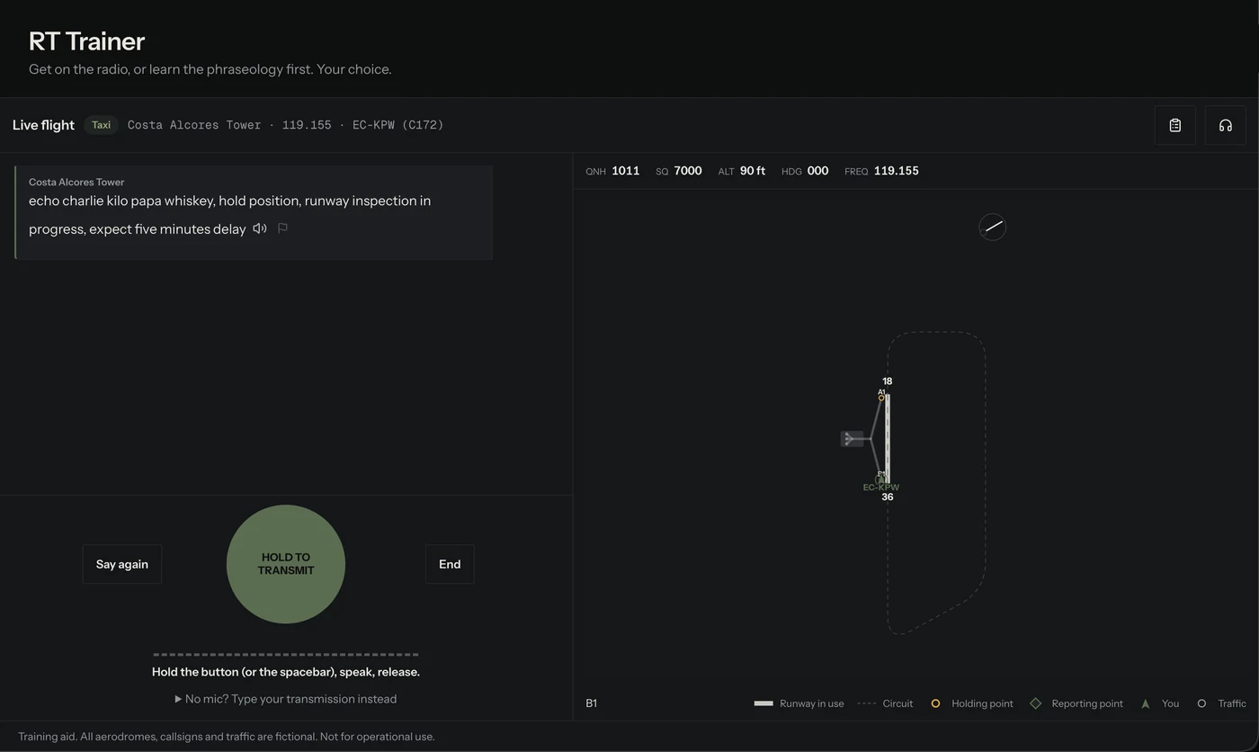 A live session in the VOLAR radio trainer, showing an instruction from the tower and the airfield map
