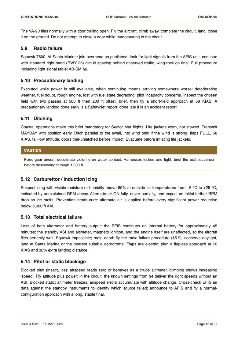 Page 18 of the school's SOP manual, with section 5.12 on carburettor and induction icing highlighted.